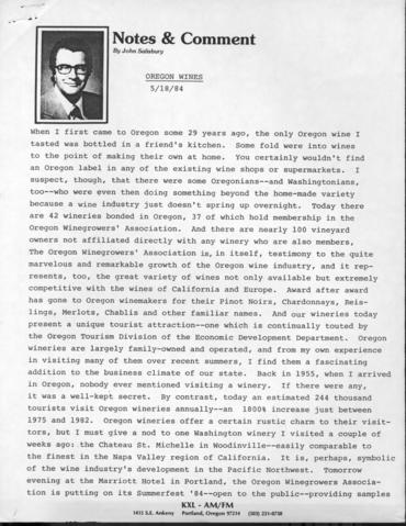 Letter titled Notes & Comment Oregon Wine 5/18/84.
