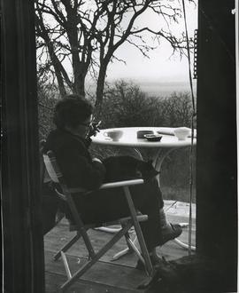 Helen at home with her cat