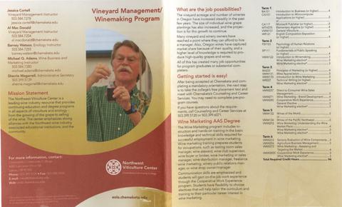 Brochure highlighting a Wine Making AAS Degree at Chemeketa Community College. The brochure includes a photograph of Barney Watson doing a science experiment.