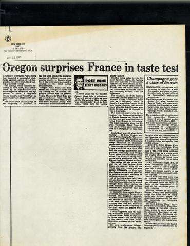 Newspaper clipping from 1985 titled: "Oregon surprises France in taste test."