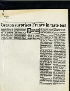 Newspaper clipping from 1985 titled: "Oregon surprises France in taste test."