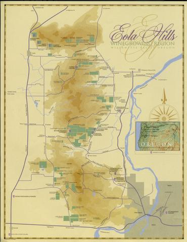 Map in full color of the Willamette valley with vineyards highlighted.